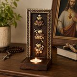 Holy Family Three Sacred Hearts Candlestick Wooden Carved Tabletop Arrangement