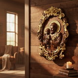 乡村木墙圣若瑟与圣婴耶稣木雕