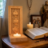 Holy Family Three Sacred Hearts Candlestick Wooden Carved Tabletop Arrangement