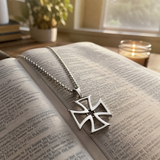 Men's Hollow Maltese Cross Stainless Steel Necklace, Vintage Knight Pendant Box Chain For Men