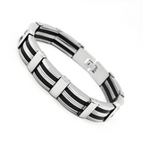 Men's Black‑Silver Striped Titanium Steel Bracelet, Geometric Textured Link Wristband, Rugged Business Men Jewelry