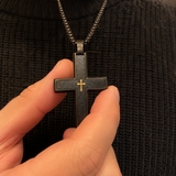 Two-Tone Bevel Edge Carbon Fiber Textured Inlaid Tiny Cross Stainless Steel Necklace