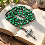 Green Malachite-Style Bead Christian Cross Prayer Rosary Necklac