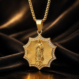 Gold Octagonal Star CZ Our Lady of Guadalupe Necklace, 3D Embossed Radiant Titanium Steel Religious Pendant Box Chain for Men