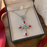 Vintage Red Zircon Cross Pendant Necklace, Religious Faith Men’s Necklace