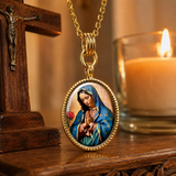 Our Lady of Guadalupe Gold-Tone Oval Pendant Necklace – Double-Sided Virgin Mary Christian Jewelry