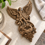 St. Michael the Archangel Battery-Powered Wall Lamp — Antique Bronze Resin Christian Home Decor
