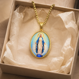 3D Raised Enamel Miraculous Virgin Mary Oval Gold Stainless Steel Necklace