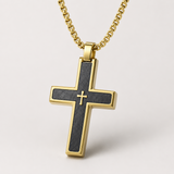 Two-Tone Bevel Edge Carbon Fiber Textured Inlaid Tiny Cross Stainless Steel Necklace