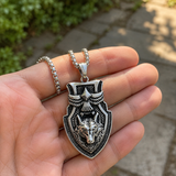 Vintage Shield Wolf & Eagle Stainless Steel Necklace, 3D Embossed Totem Pendant Box Chain for Men