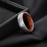 Hammered Titanium Steel Ring with Natural Wood Inner Liner, 6mm Vintage Domed Band, Rustic Wooden Inlay Wedding Promise Ring for Men & Women