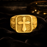 Triple Sides Embossed Cross Hammered Texture Stainless Steel Men’s Signet Ring