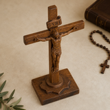 Hand-Carved Beechwood Crucifixion of Jesus Standing Cross – Christian Prayer & Home Altar Decor