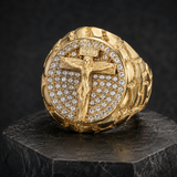 Jesus Crucifixion Gold Ring: Forging Faith with Steel - design detail
