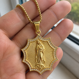 Gold Octagonal Star CZ Our Lady of Guadalupe Necklace, 3D Embossed Radiant Titanium Steel Religious Pendant Box Chain for Men