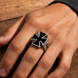 3D Raised Black Enamel Maltese Cross Stainless Steel Mens Ring