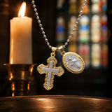 Two Charms Necklace, Iced Cross & Miraculous Medal Pendant, 316L Stainless Steel Religious Ball Chain Jewelry