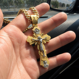 Gold-Plated Copper Crucifix Pendant with Jesus Christ and Religious Figures