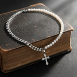 Cuban Chain Panel Pearl Cross Necklace
