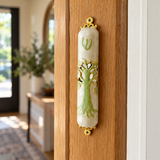 Tree of Life Mezuzah with Shema Scroll – Enamel & Gold-Tone Doorpost Blessing