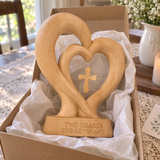 Handcrafted Beechwood Two Hearts One Covenant Cross Sculpture – Christian Wedding & Anniversary Gift