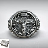 S925K Silver Jesus Crucifixion St. Benedict Medal Ring - BGCOPPER