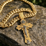 Gold-Plated Copper Crucifix Pendant with Jesus Christ and Religious Figures