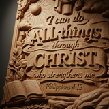 "I Can Do All Things" Wood Carving - Sacred Heart & Empty Tomb Scripture Decor - A Gift of Strength & Faith