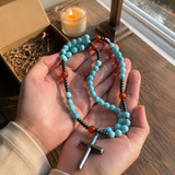 African Pine Tiger Eye Rosary Necklace - craftsmanship detail