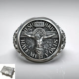 S925K Silver Jesus Crucifixion St. Benedict Medal Ring - BGCOPPER