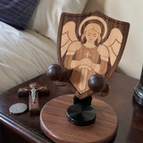 Black Walnut “Archangel Michael” Adjustable Phone Stand—A Faith-Inspired Wooden Desktop Stand