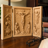 The Life of Christ Hand-Carved Beechwood Triptych – From Nativity to Resurrection Glory - design detail