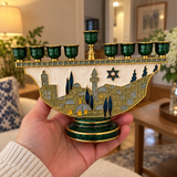 Jerusalem Skyline Hanukkah Menorah – Cloisonné Enamel Judaica Candle Holder