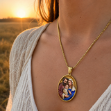 3D Raised Enamel Holy Family Oval Gold Stainless Steel Necklace