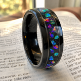 Black Tungsten Ring with Crushed Opal Inlay, 8mm Galaxy Star Dome Band, Meteorite Texture Wedding Band, Unique Promise Ring Gift for Men & Women