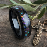 Black Tungsten Ring with Crushed Opal Inlay, 8mm Galaxy Star Dome Band, Meteorite Texture Wedding Band, Unique Promise Ring Gift for Men & Women