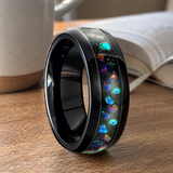 Black Tungsten Ring with Crushed Opal Inlay, 8mm Galaxy Star Dome Band, Meteorite Texture Wedding Band, Unique Promise Ring Gift for Men & Women