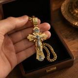 Gold-Plated Copper Crucifix Pendant with Jesus Christ and Religious Figures