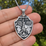 Archangel Michael Shield Pendant Necklace for Men,316L Stainless Steel Vintage 3D Relief Religious Amulet Necklace,Faith Protection Jewelry Gift