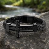 Wheat‑Textured Cross Titanium Steel Braided Leather Men’s Bracelet