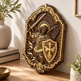 St. Michael Archangel Hand-Carved Wooden Wall Plaque – Sword & Shield of Divine Protection
