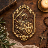 St. Michael Archangel Hand-Carved Wooden Wall Plaque – Sword & Shield of Divine Protection