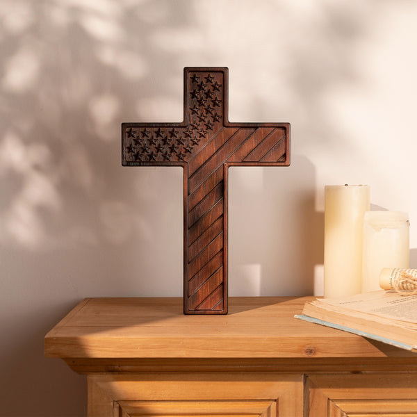 American Flag Cross - Carved in Natural Wood