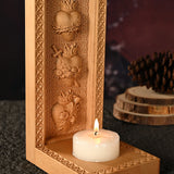 Holy Family Three Sacred Hearts Candlestick Wooden Carved Tabletop Arrangement - BGCOPPER