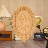 Hand-Carved Virgin Mary Prayer Wall Plaque – Ornate Beechwood Catholic Religious Decor,