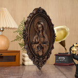 Hand-Carved Virgin Mary Prayer Wall Plaque – Ornate Beechwood Catholic Religious Decor,