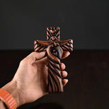 Holy Family wood icon decoration, Joseph, Mary, Baby Jesus, carved wooden cross, wall decoration - BGCOPPER