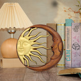 Hand-Carved Sun and Moon Wooden Wall Decor – Gold & Rustic Brown Celestial Wall Hanging
