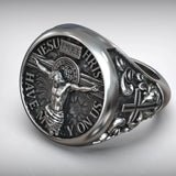 S925K Silver Jesus Crucifixion St. Benedict Medal Ring - BGCOPPER