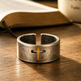 Vintage Antiqued Open-Band Cross Cutout Stainless Steel Ring